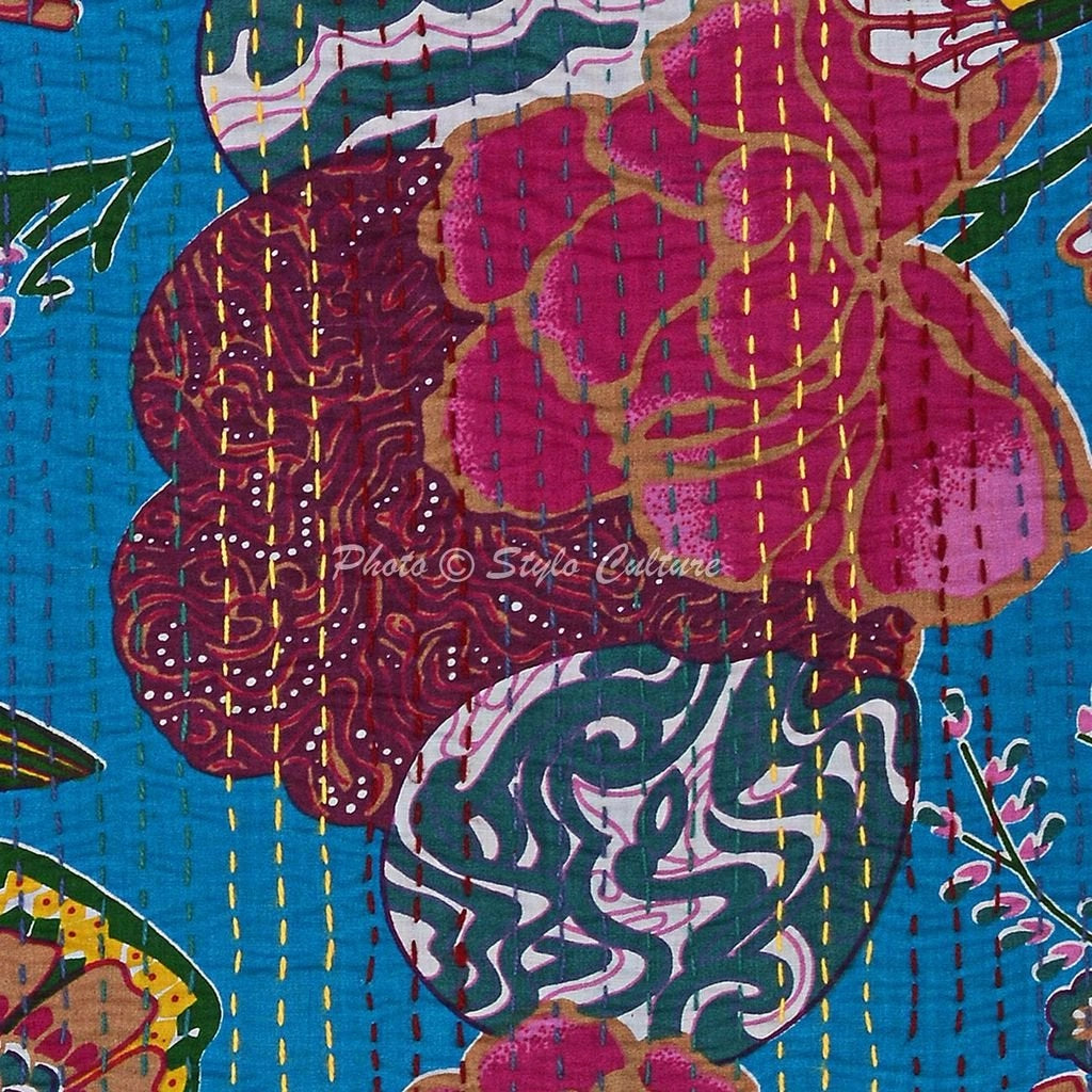 Cuscino decorativo, cotone, stile bohémien, turchese, 40x40 cm, motivo "Tropicana", tecnica Kantha
