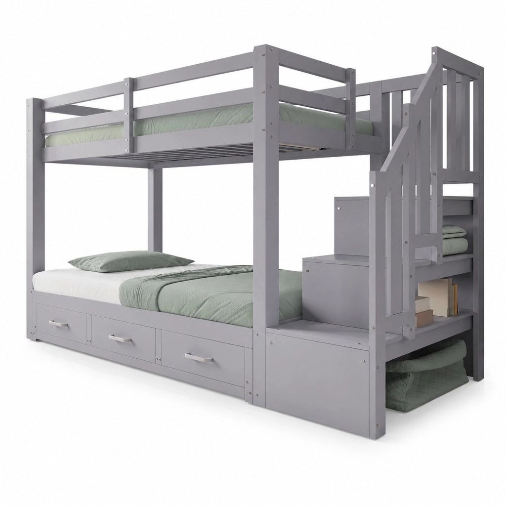 Letto a castello ULEVR 90x200 cm con letto estraibile 90/180x190 cm, 3 cassetti e scala contenitore, grigio