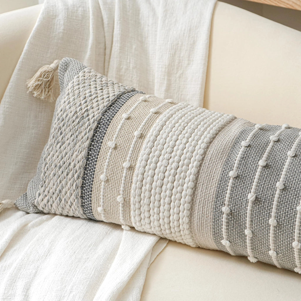 Copertura per cuscino lombare in stile boho, 14x36 cm, grigio e crema