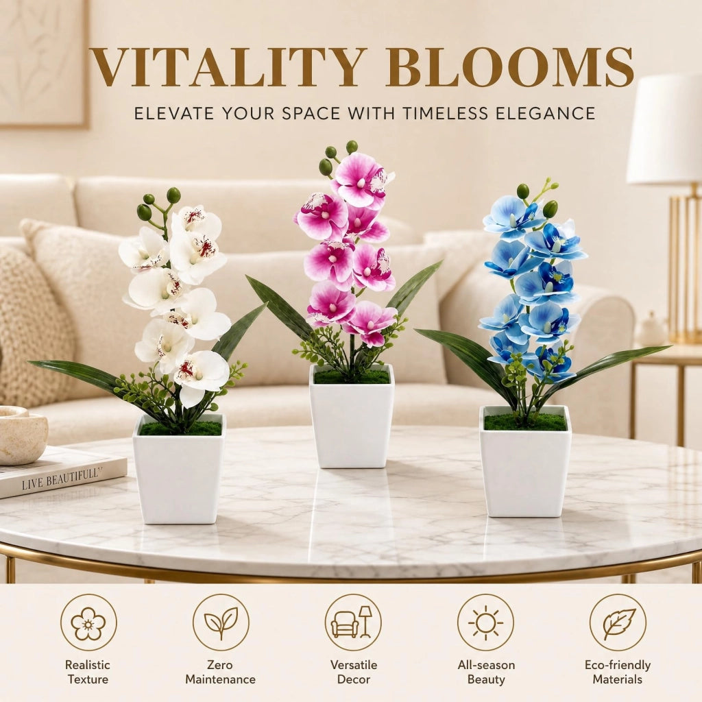 3 orchidee artificiali, dall'aspetto estremamente realistico, alte 30 cm, nei colori bianco, viola e arancione