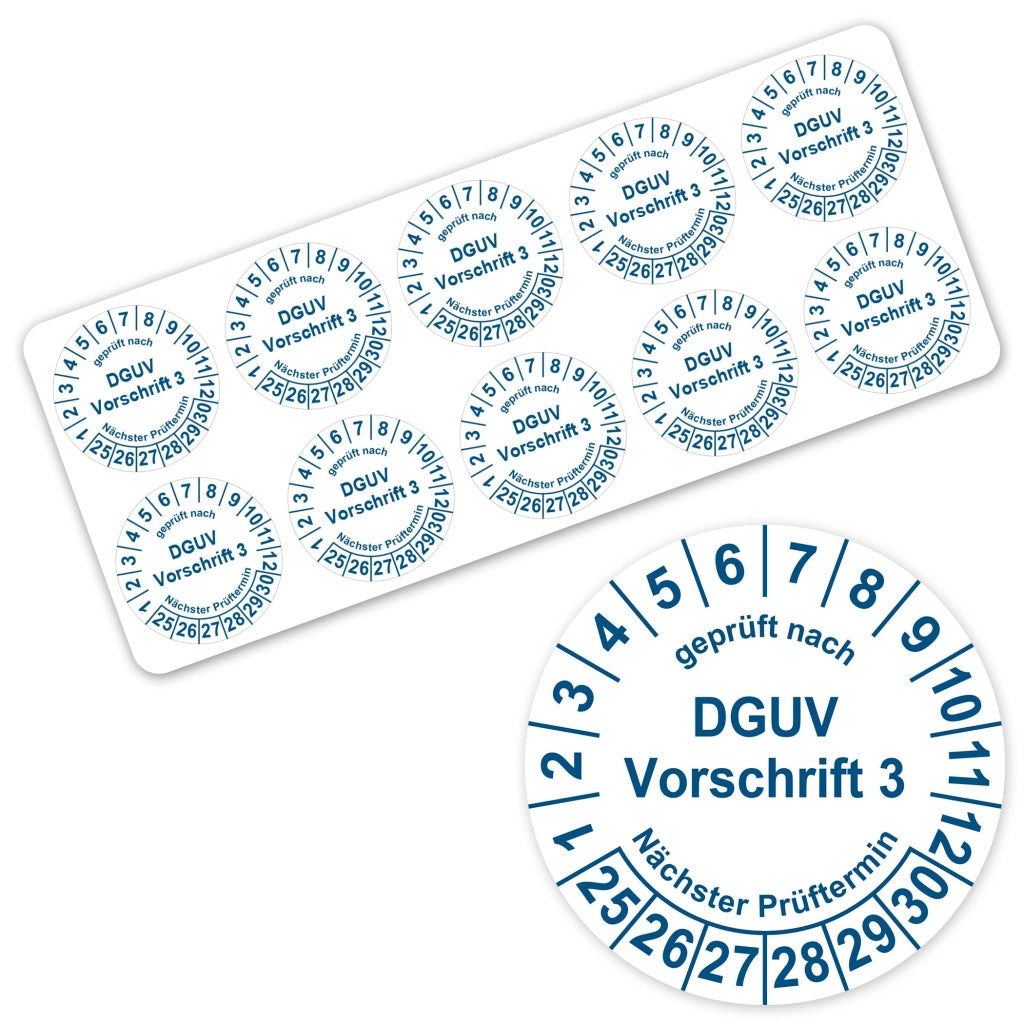 Etichetta di controllo da 30 mm, conforme alla norma DGUV V3, validità 2025-2030, in vinile, confezione da 100 pezzi