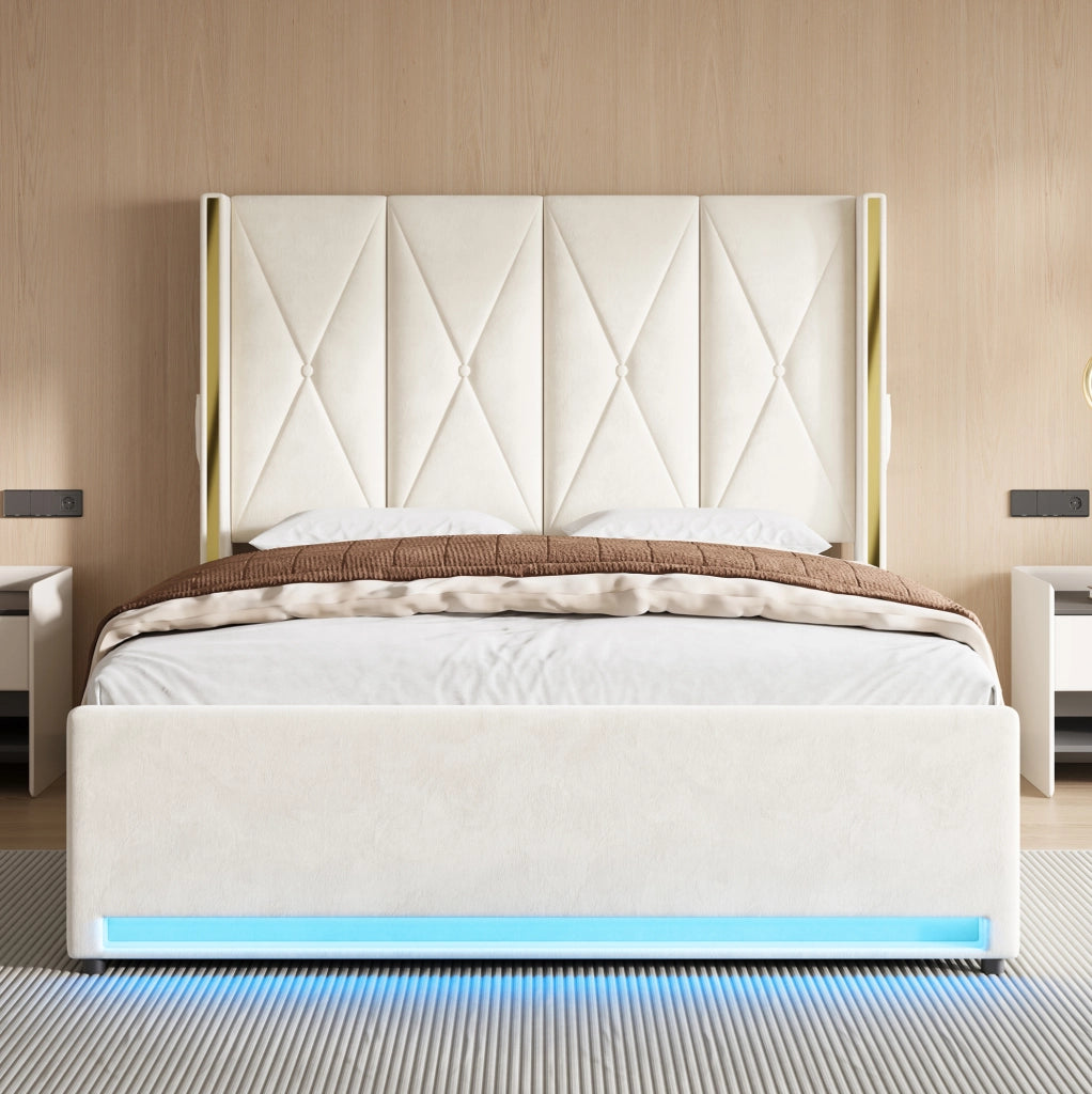 Letto contenitore matrimoniale 160x200 cm; con sollevamento idraulico; porte USB e Type-C; luce LED; in velluto beige; senza materasso