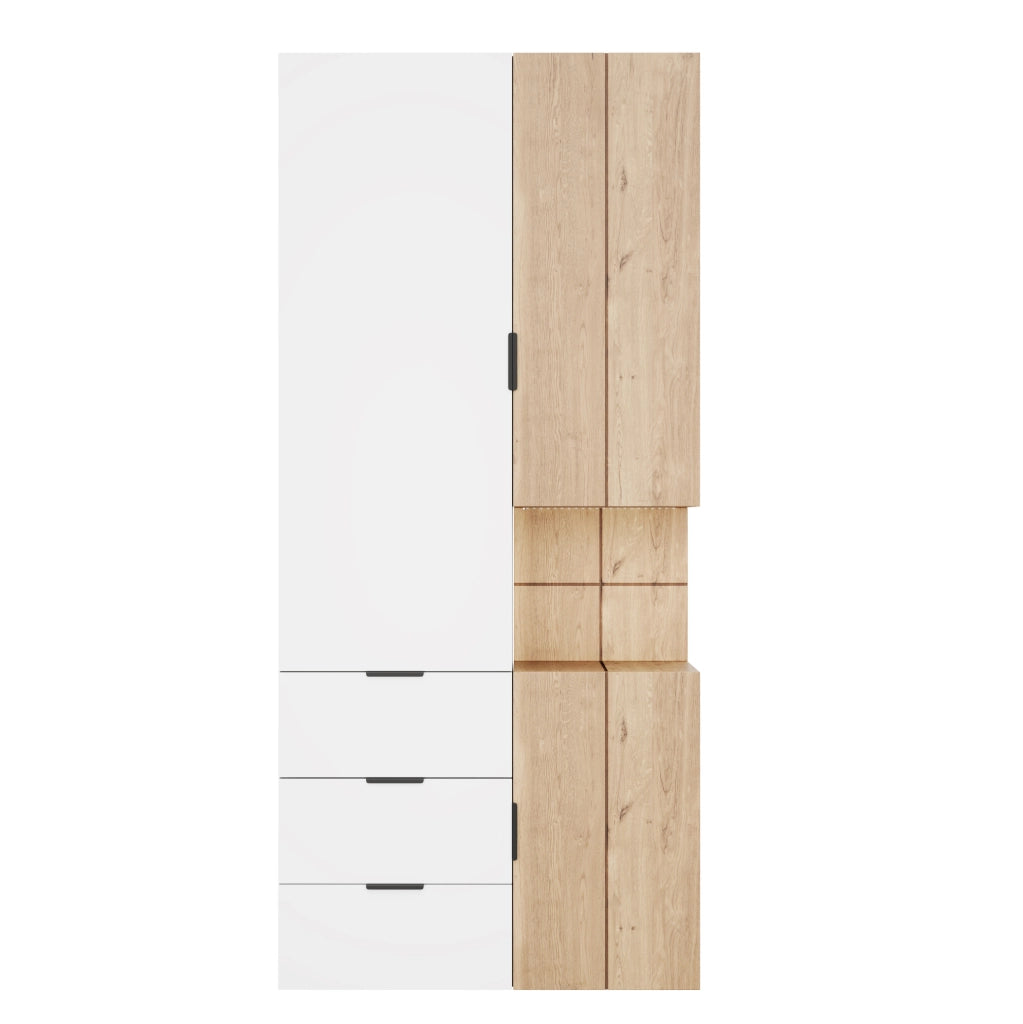Armadio 90x49x200 cm bianco e rovere in MDF; 4 cassetti e luce LED