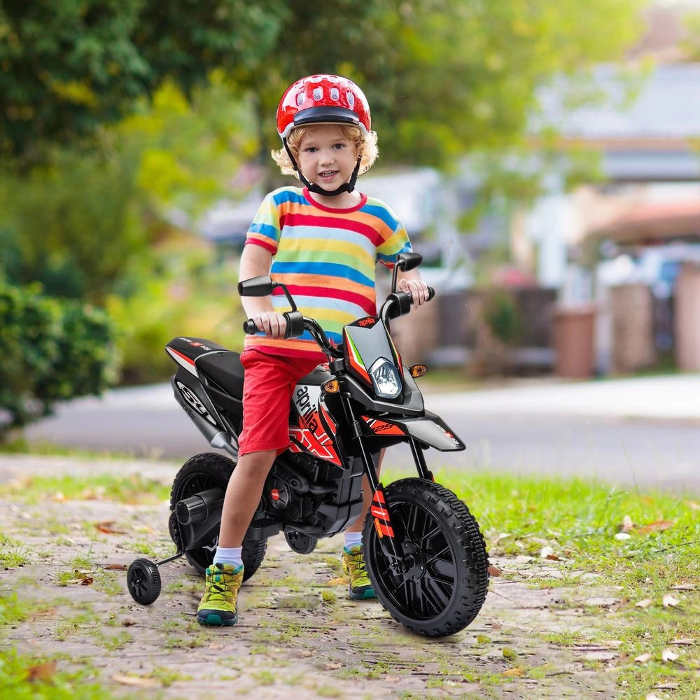 Moto elettrica per bambini Aprilia con licenza ufficiale, 2 motori 12V, luci LED, musica, rotelle rimovibili, rosso