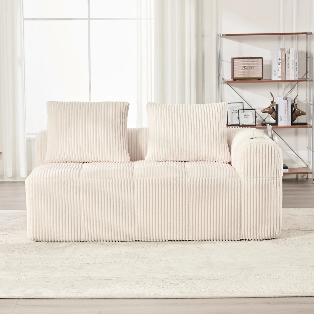 Divano 2 posti 158x93x61 cm in velluto a coste beige con tasche laterali e portabicchiere