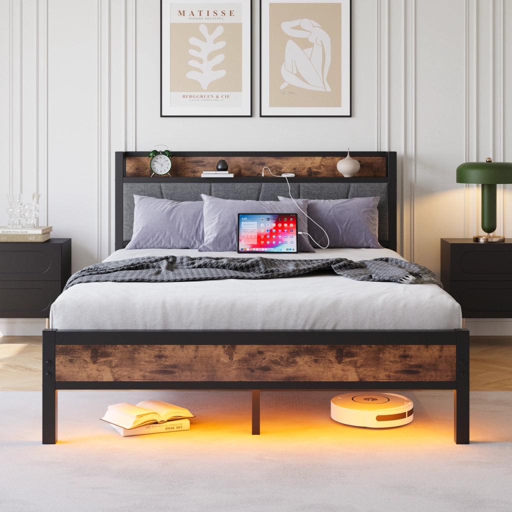 Letto 120x200 cm con LED; presa e USB in MDF e metallo marrone antico