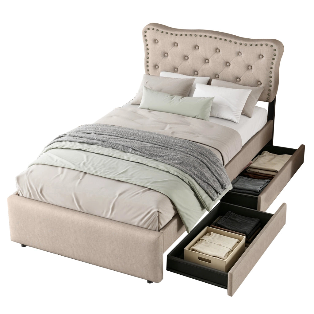 Letto imbottito 90 × 200 cm con 2 cassetti; MDF e lino; beige marrone