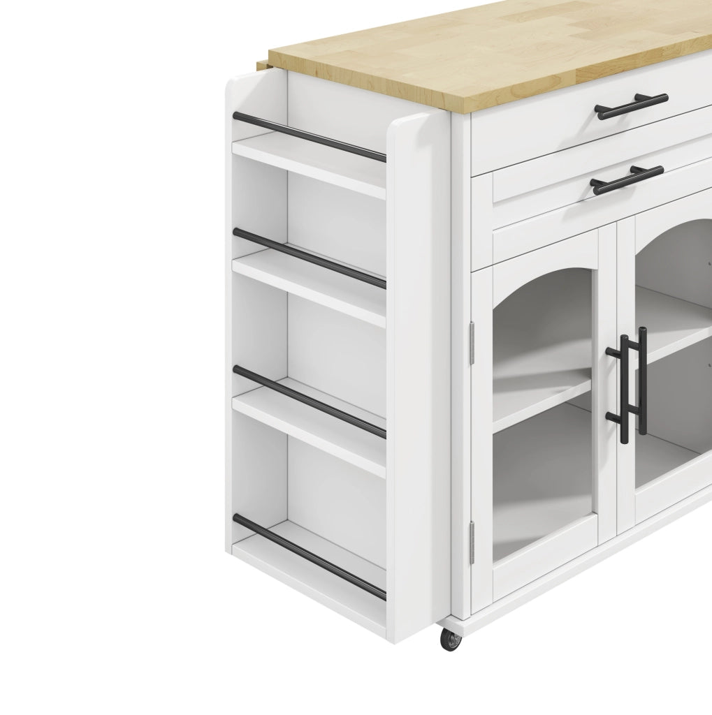 Isola cucina mobile con piano ribaltabile e 5 ruote in MDF naturale e bianco