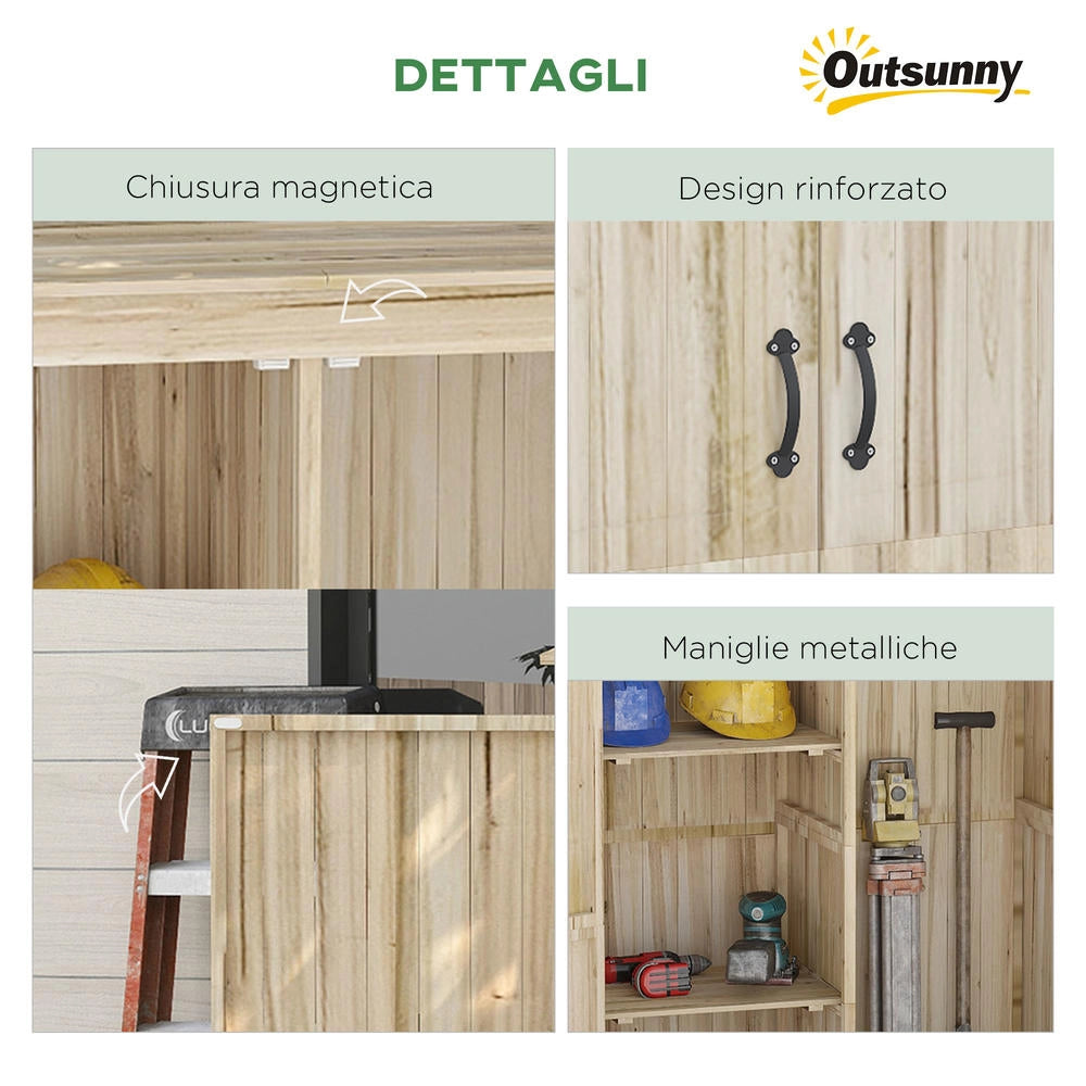 Casetta da Giardino in Legno di Abete Naturale con 2 Porte e Ripiani per Attrezzi da Giardino, Robusta e Resistente, 120x57x183cm