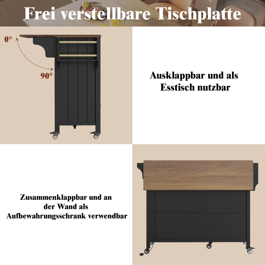 Isola cucina con ruote e ripiani regolabili, carrello con piano di lavoro in MDF effetto legno, porta in vetro con LED e portasalviette laterale nero