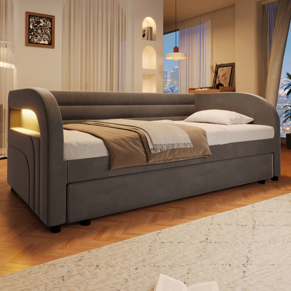 Letto singolo 90x200 cm con letto estraibile e LED; in flanella e MDF; grigio