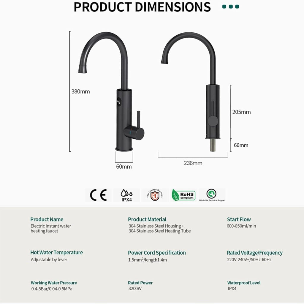 Rubinetto da cucina con resistenza riscaldante integrata, 3200 W, con illuminazione LED, girevole a 360°, colore nero