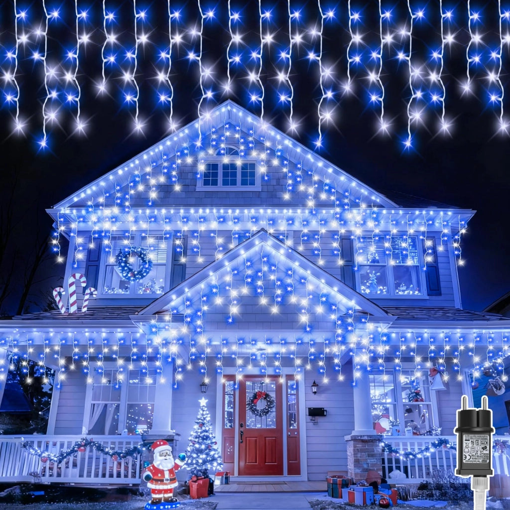 Catena luminosa effetto neve, 20 metri, 480 LED, blu/bianco, con timer, impermeabile