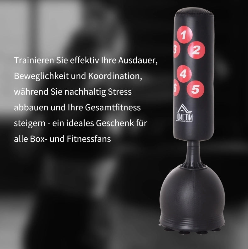 Sacco da boxe su supporto 165 cm in HDPE nero, base con ventose per allenamento