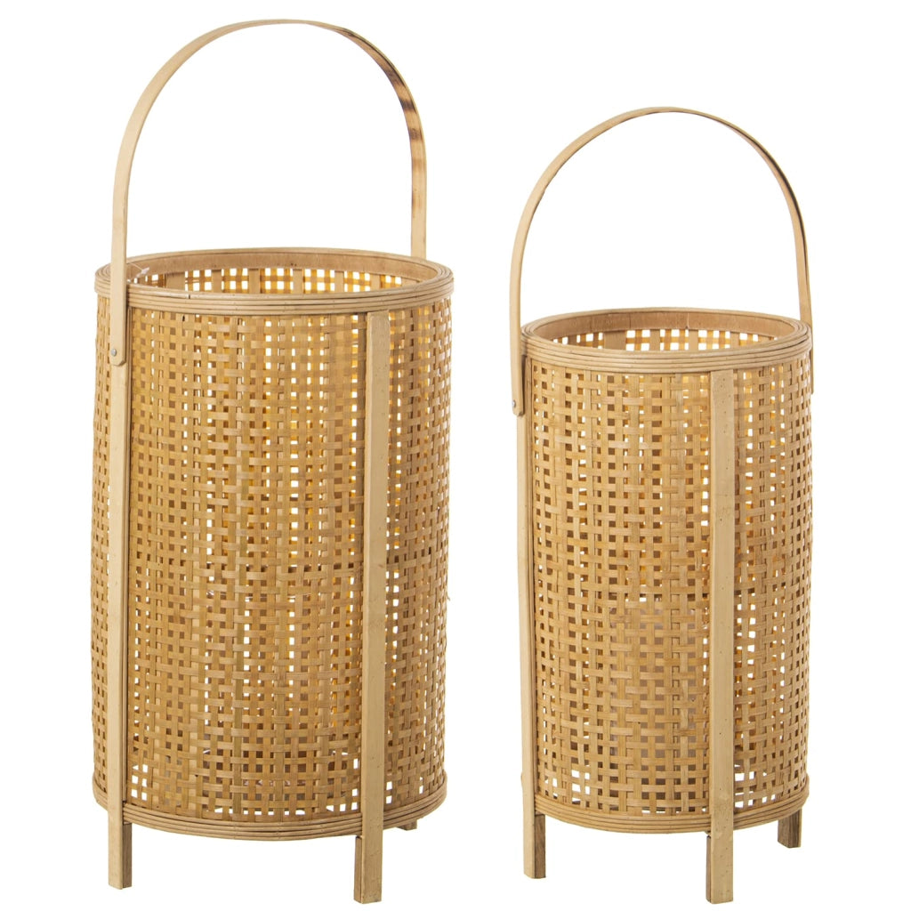 Set di 2 lanterne in legno, forma rotonda, colore naturale, dimensioni 30x51 cm e 24x47 cm