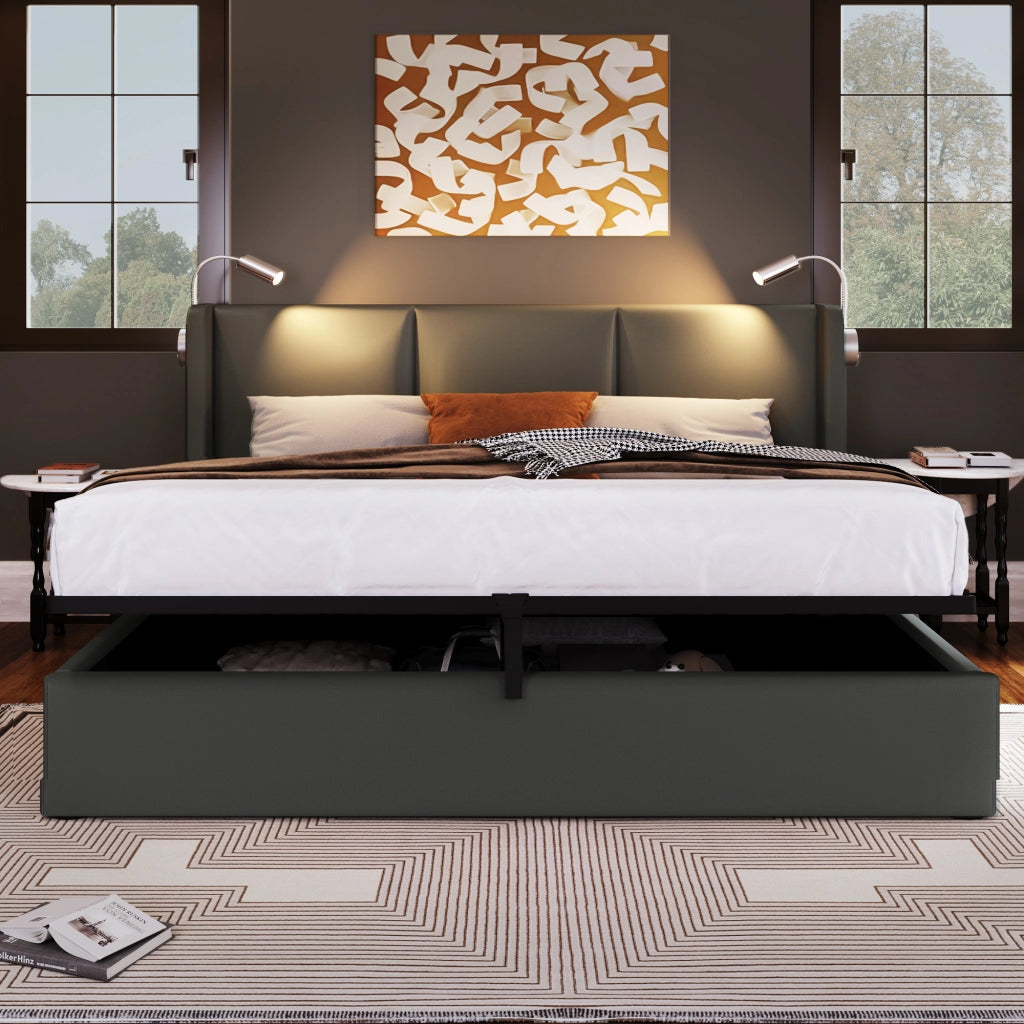 Letto matrimoniale 180x200 cm contenitore con apertura idraulica, ecopelle PU grigia e lampade da lettura