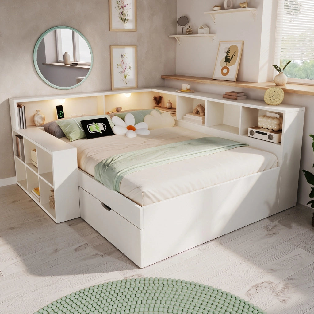 Letto con contenitore 140 x 190 cm bianco con luci e prese di ricarica
