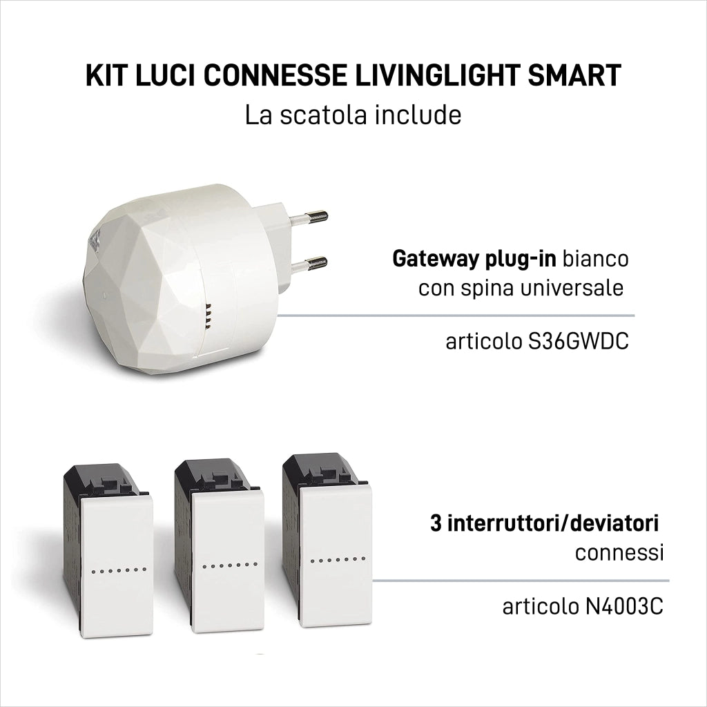 Kit luce smart con gateway e 3 interruttori, controllo tramite app e voce compatibile con Alexa, Google e Siri, 1 modulo, bianco