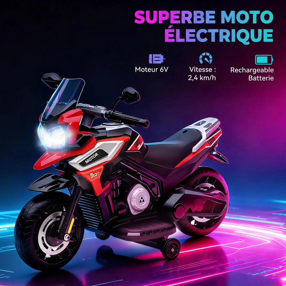 Moto Elettrica per Bambini 6V con Rotelle di Supporto Fari Luminosi e Musica Veicolo Cavalcabile Robusto Rosso