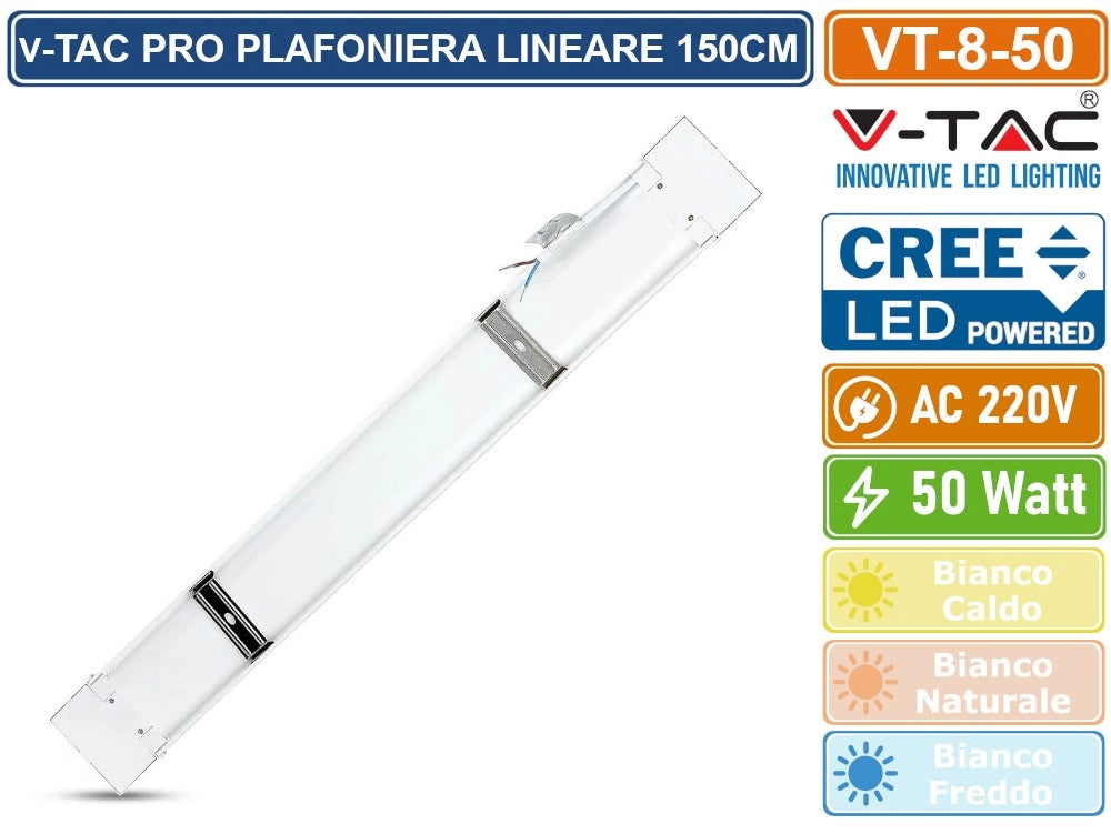 V-TAC VT-8-50 TUBO LED PRISMATICO PLAFONIERA 50W LAMPADINA 150CM CHIP LED CREE IP20 - Colore Luce:Bianco Freddo
