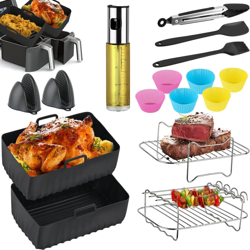 Set di accessori per friggitrici ad aria, composto da 16 pezzi, in silicone e acciaio inossidabile, colore nero