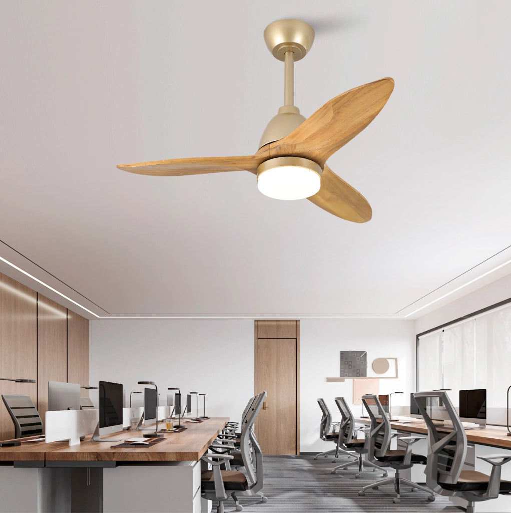Ventilatore da soffitto 36 pollici con LED dimmerabile; 3 pale in legno massello d'acero; rovere dorato
