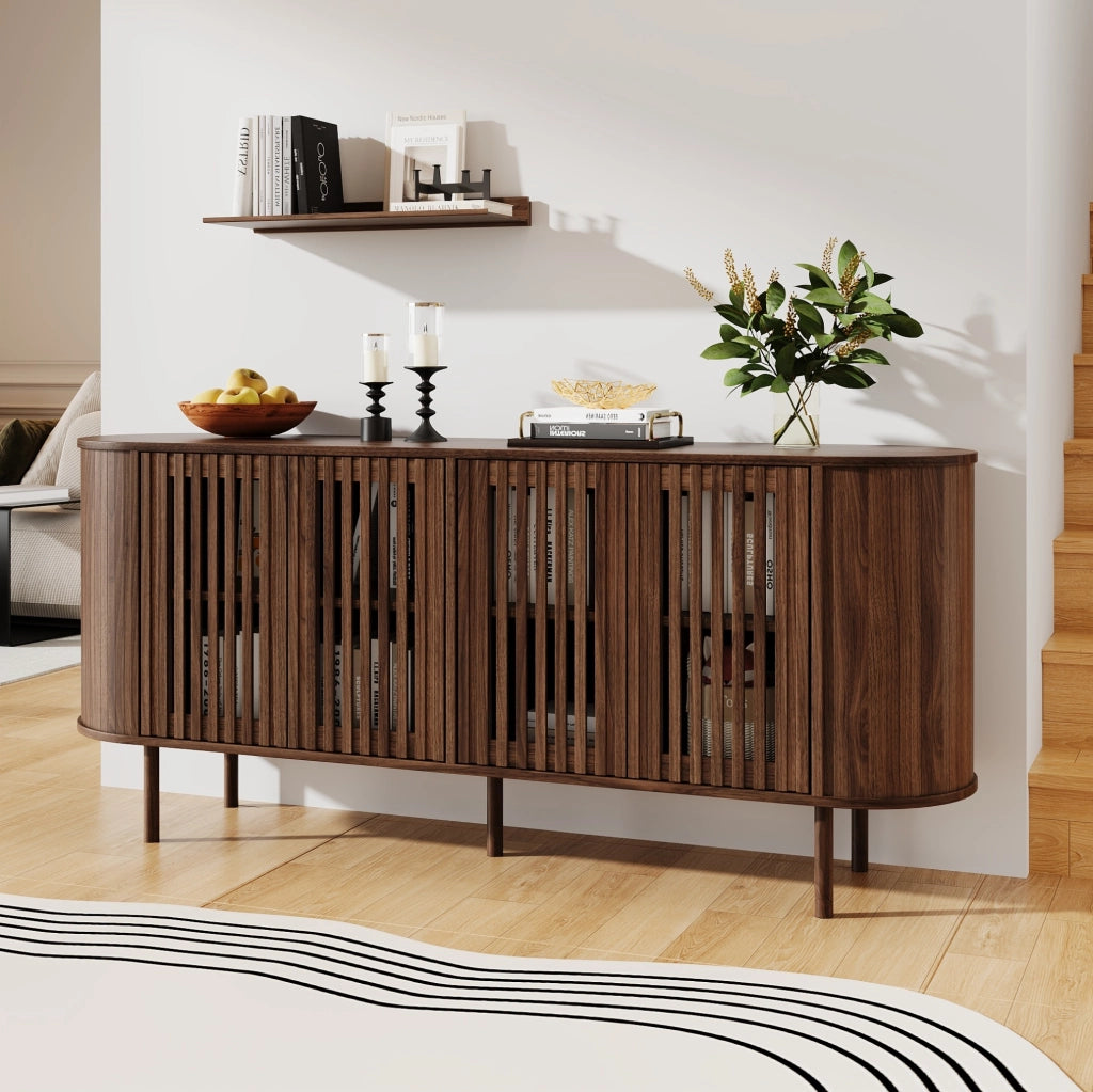 Credenza 160x40x70 cm in MDF con 4 ante scorrevoli traforate e ripiani regolabili; noce
