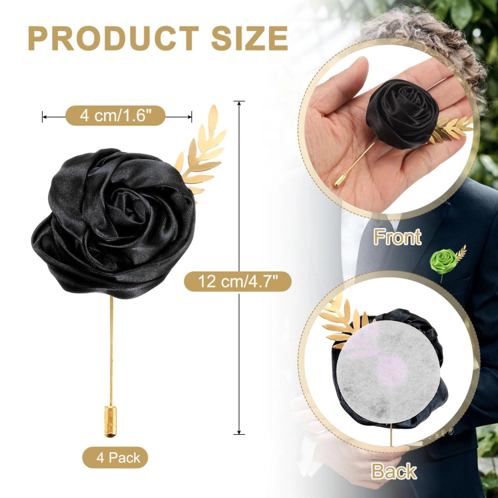 Set di 4 spille a forma di rosa, colore nero, dimensioni 5 cm, ideali per occasioni formali
