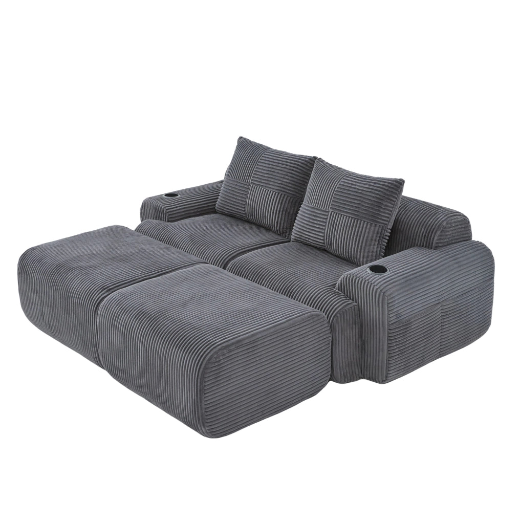 Divano modulare 2 posti IVMEU 200x174x80 cm in velluto a coste grigio scuro, con portabicchieri e tasca laterale
