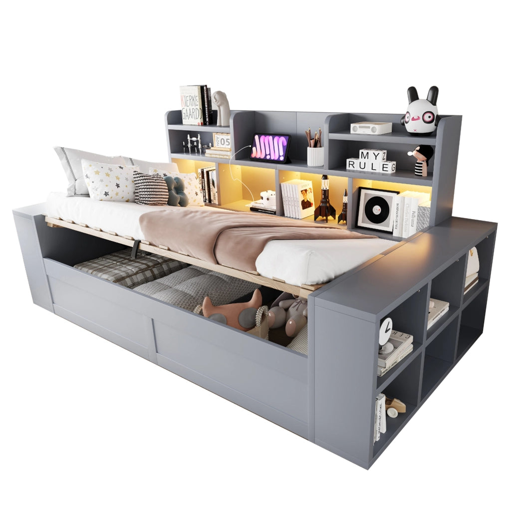 Divano letto singolo 90 x 200 cm grigio con vano contenitore, LED e prese