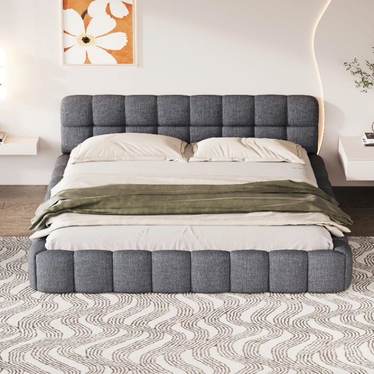 Letto Bubble 140x200 cm; Letto Matrimoniale Imbottito; Struttura Letto con Testiera e Rete a doghe; Letto Moderno; Senza Materasso; Lino Grigio