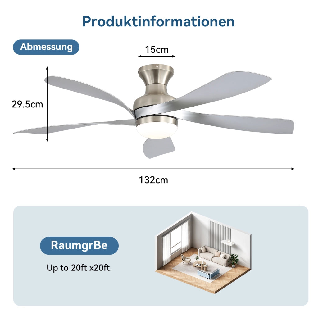 Ventilatore da soffitto a 5 pale con LED dimmerabile; motore DC silenzioso; telecomando e timer; nichel spazzolato