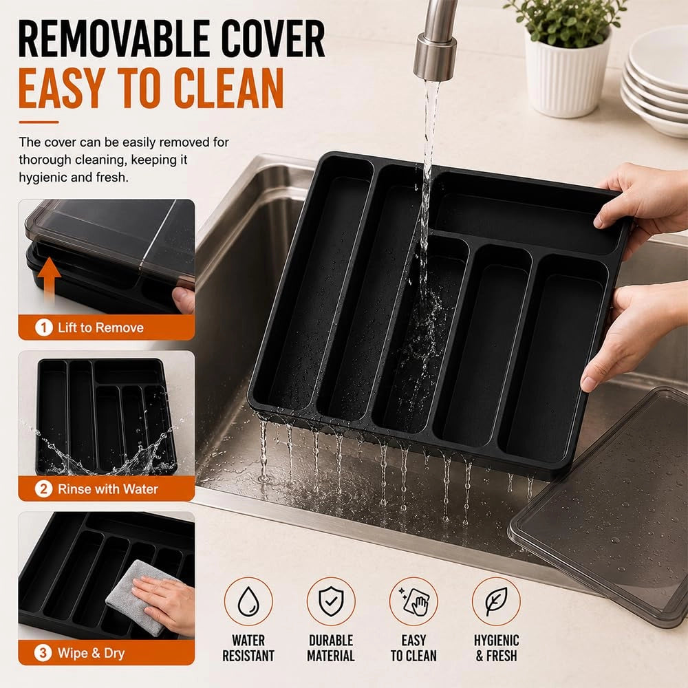 Contenitore per posate, dimensioni 32x30 cm, 6 scomparti, con coperchio, colore nero