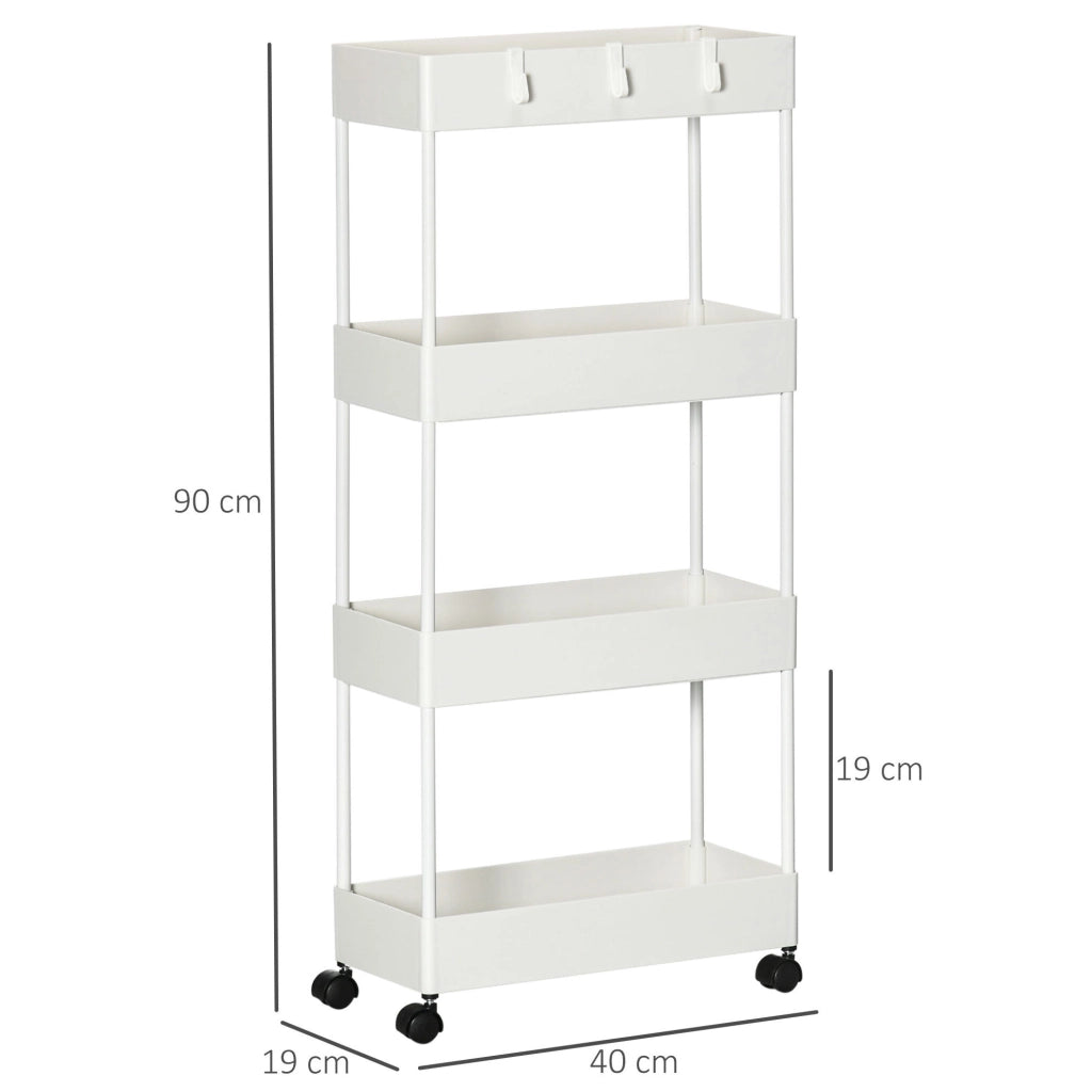 Carrello da cucina con 4 ripiani e ruote con freno, bianco, 40x19x90 cm