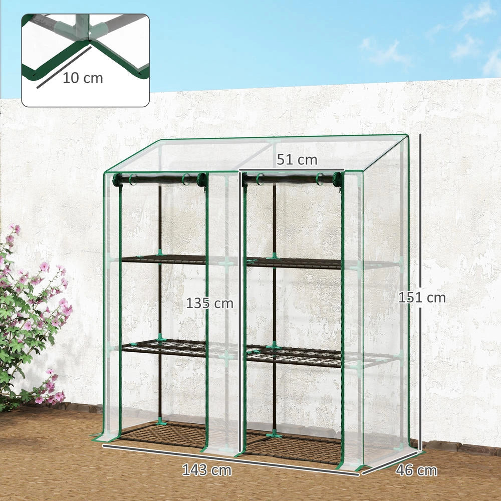 Serra da Giardino per Piante e Pomodori con Scaffale a 3 Ripiani e Doppia Porta, Telo in PE Trasparente, 143 x 46 x 151 cm