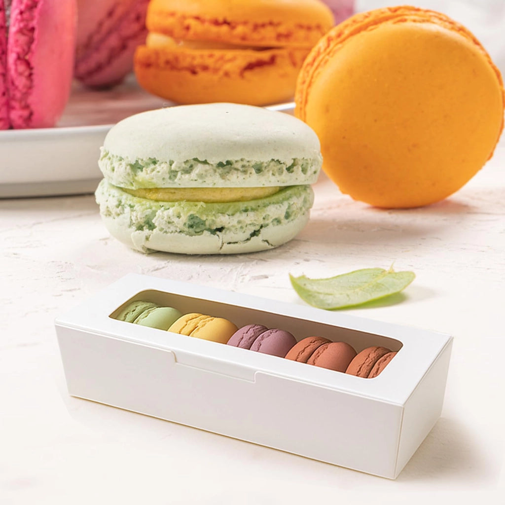 Scatola per macaron, 10 pezzi, trasparente, bianca, 20,5x7x5 cm, con finestra