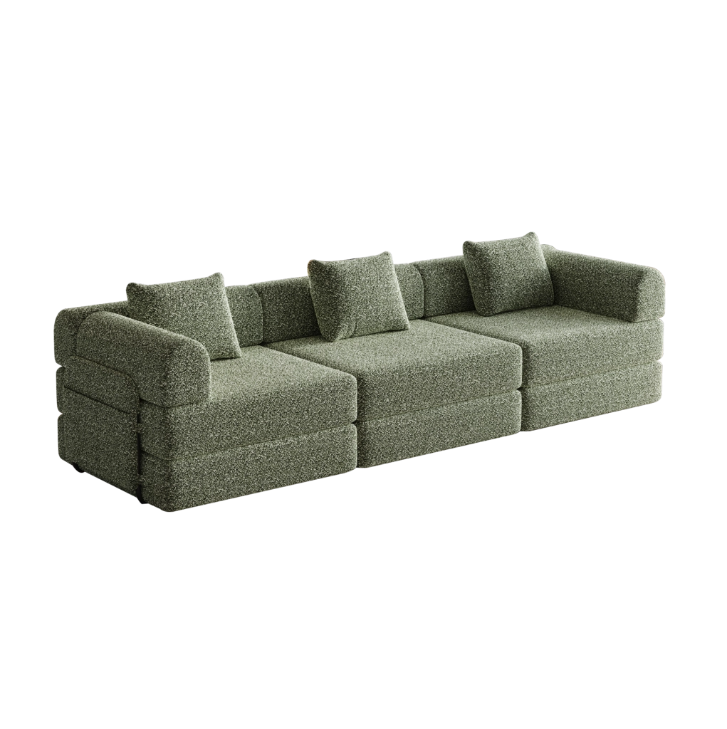 Divano letto in ciniglia verde con vano nel bracciolo, 274 cm