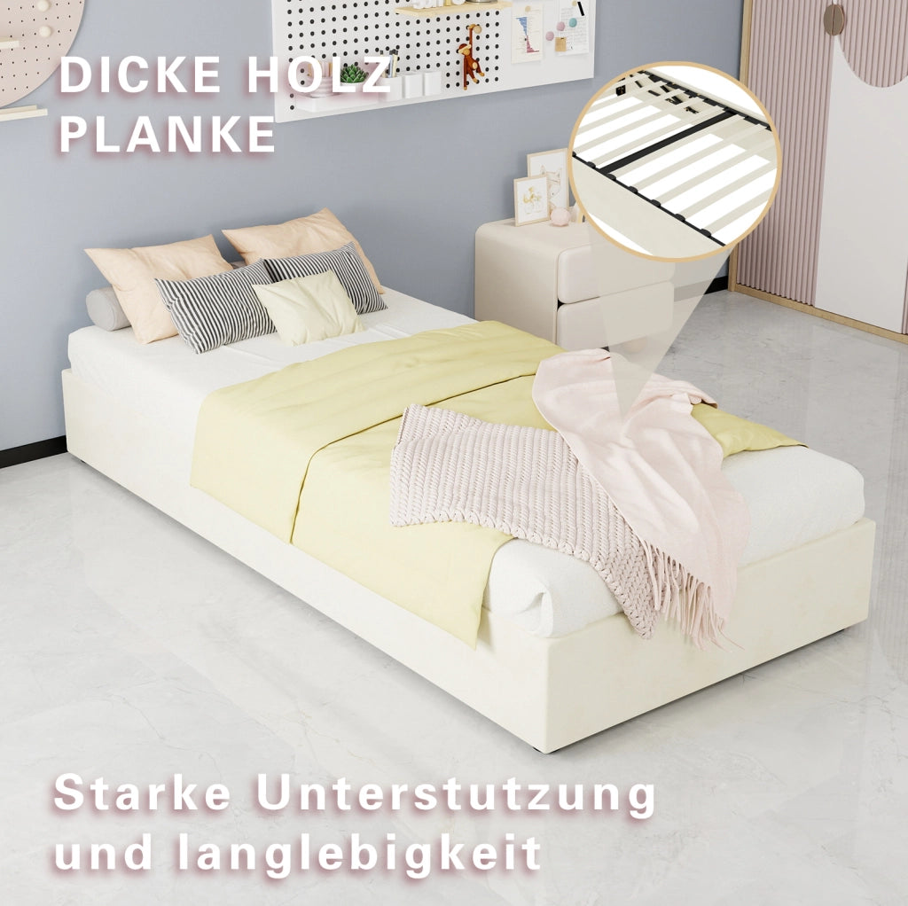 Letto singolo 90x200 cm con contenitore a sollevamento pneumatico; tessuto beige e metallo