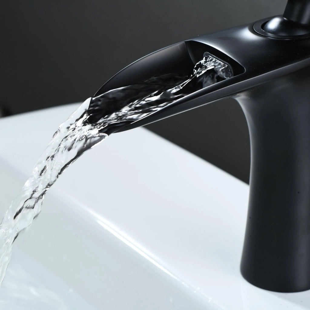 Miscelatore per lavabo a cascata, nero, in ottone, per acqua calda e fredda