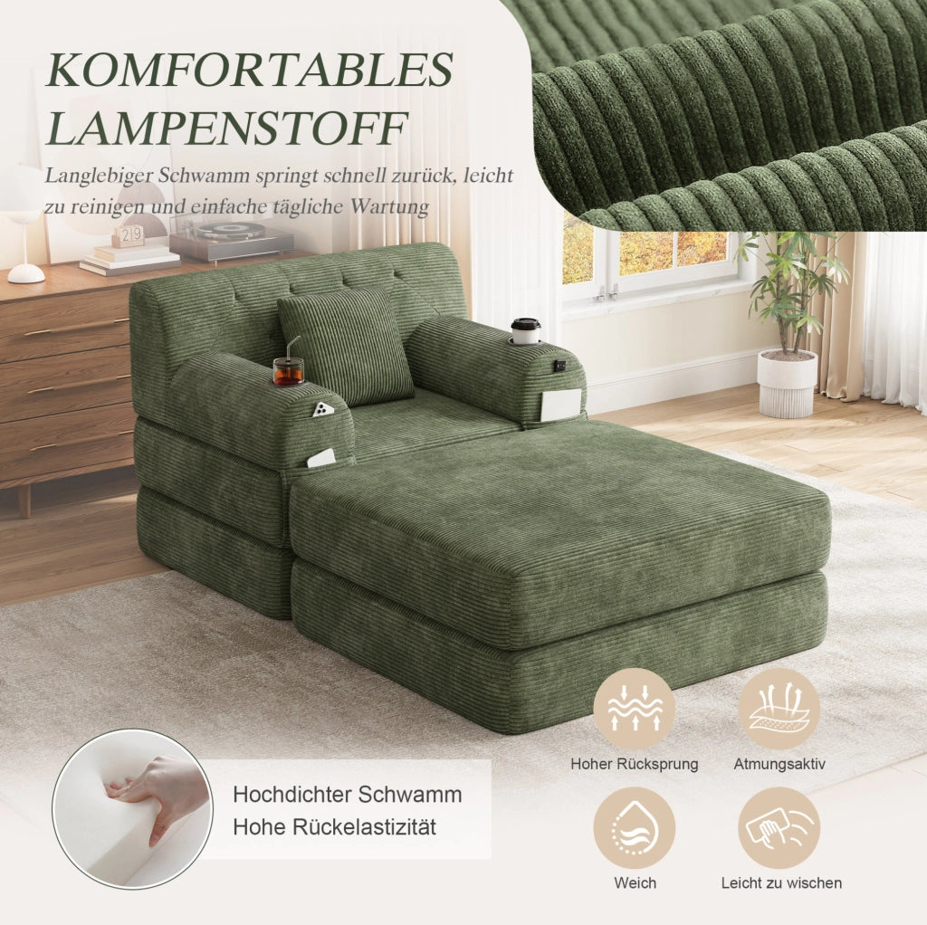 Poltrona letto in velluto a coste verde con tasche e portabicchieri