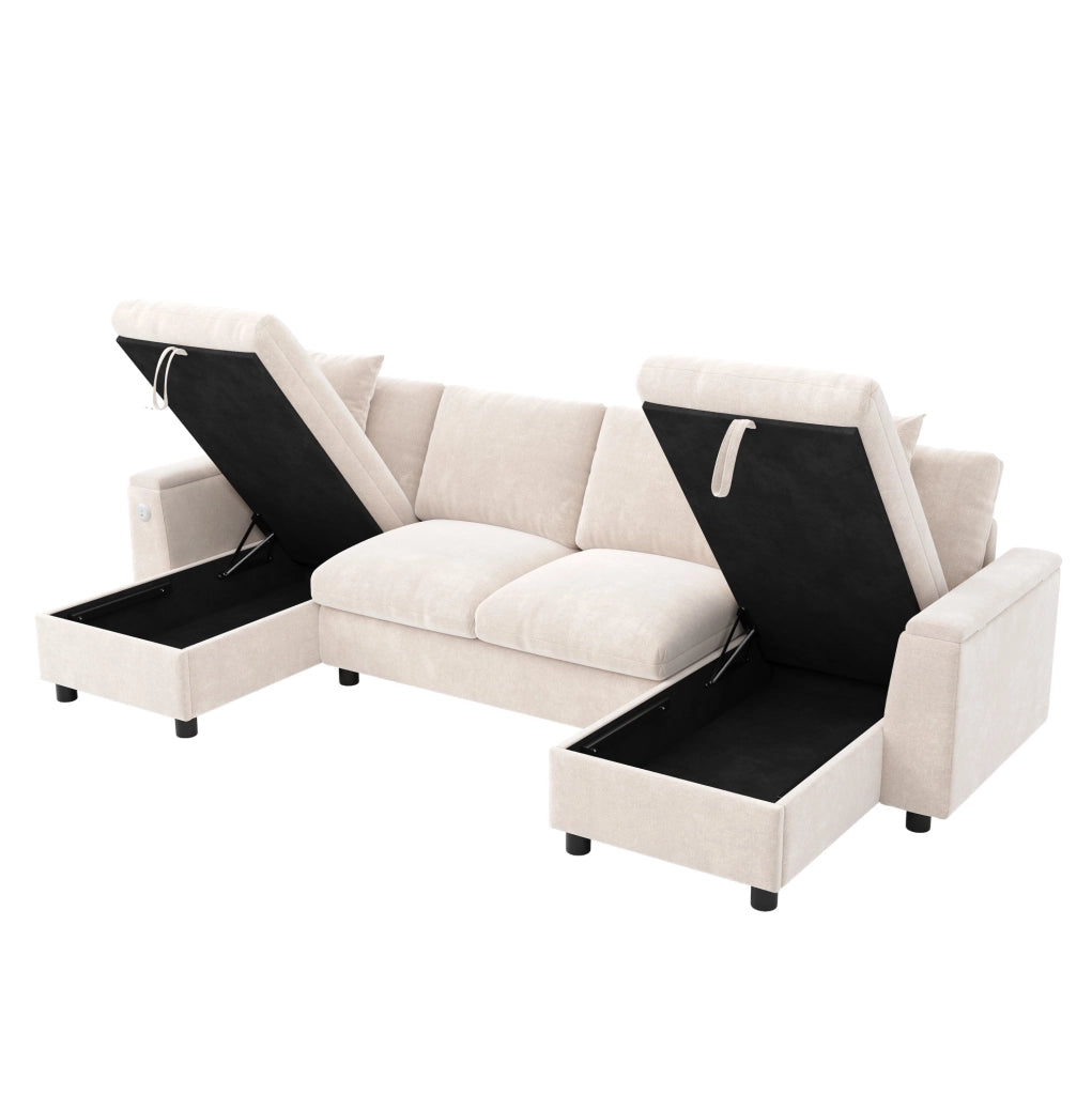 Divano a U 279x135 cm in ciniglia beige con contenitore e porte USB e USB-C
