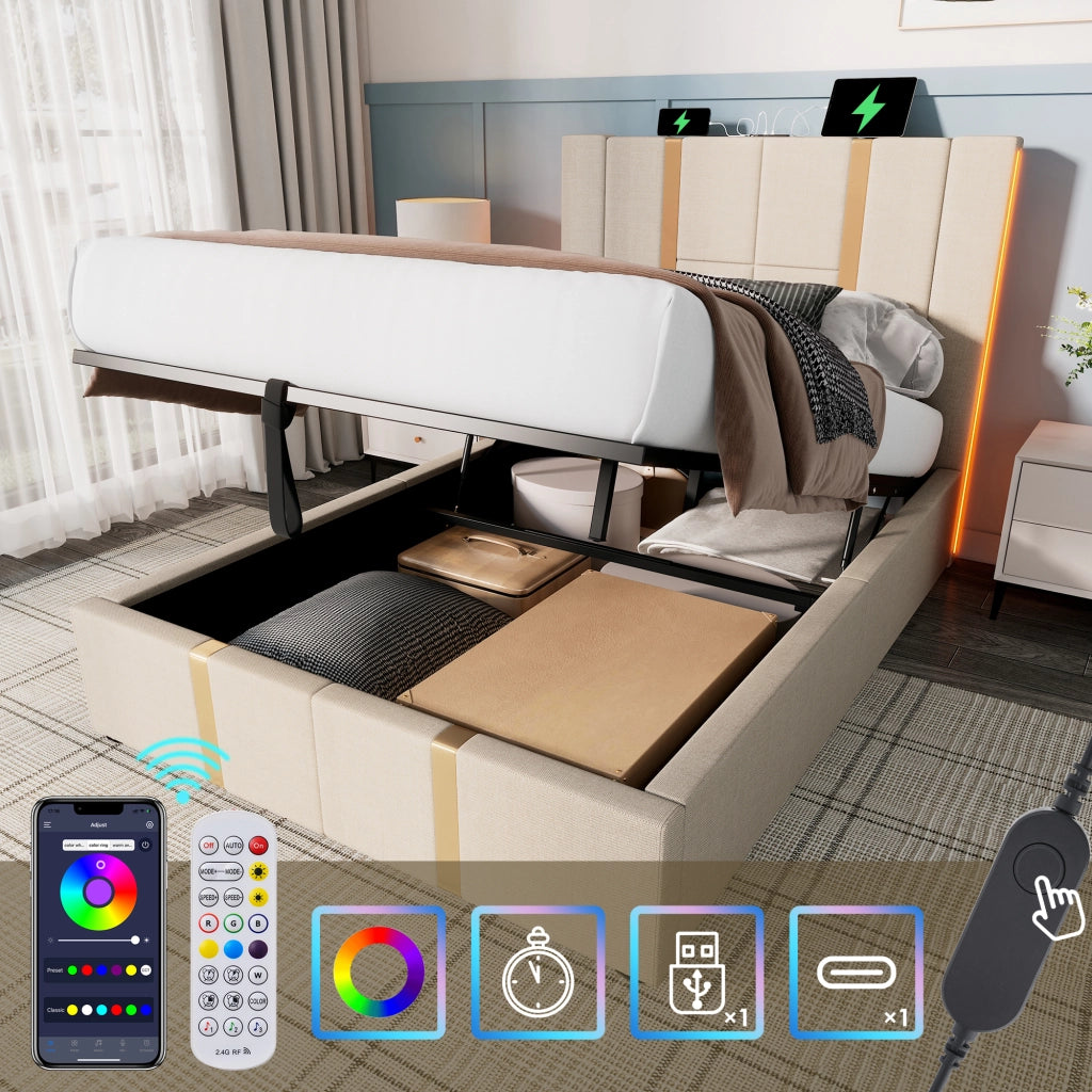 Letto matrimoniale 160 ¡Á 200 cm con comodini USB e Type-C; luci da lettura e panca contenitore rovere