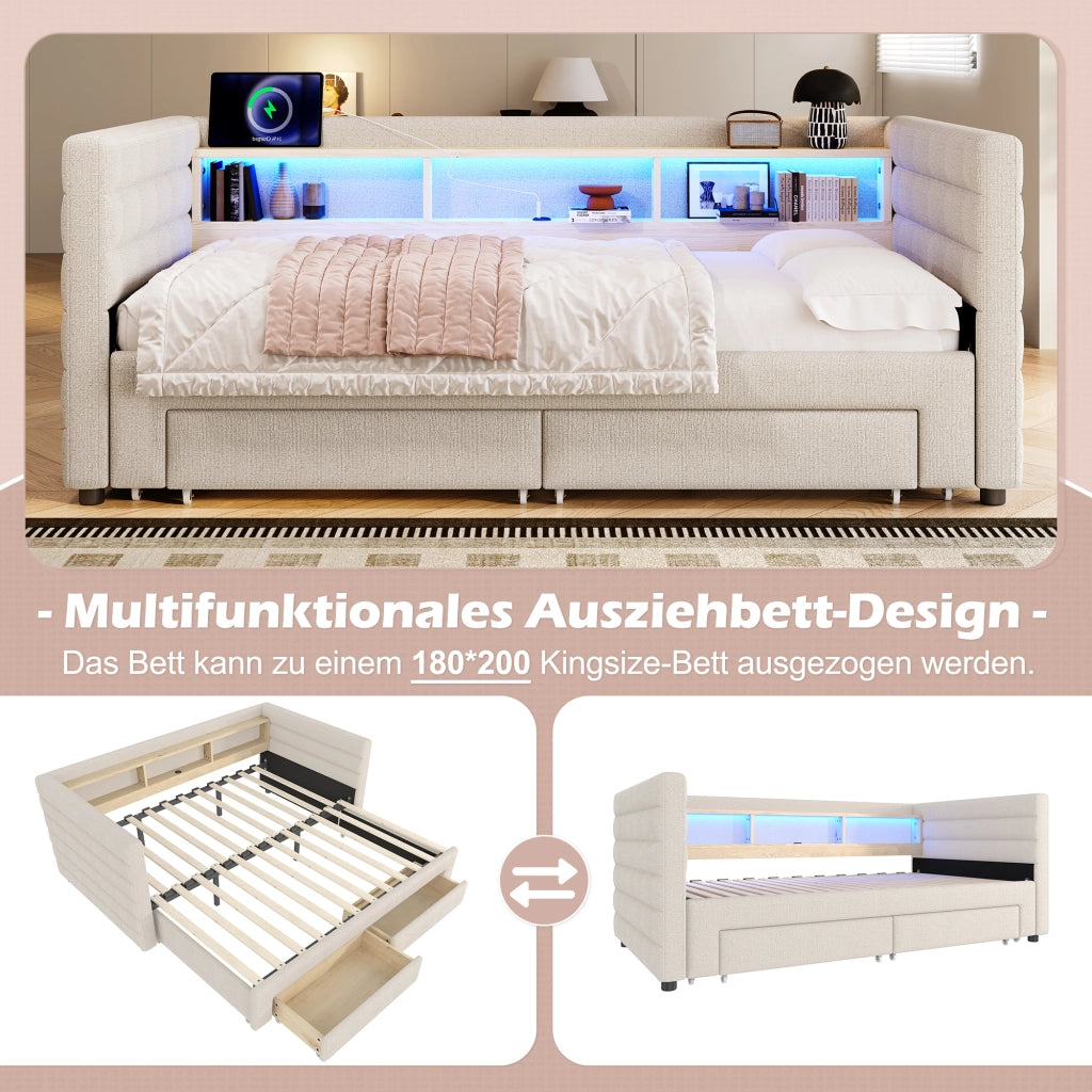 Letto singolo estraibile 90 × 190 cm in velluto beige con LED USB tipo C due cassetti e vani portaoggetti