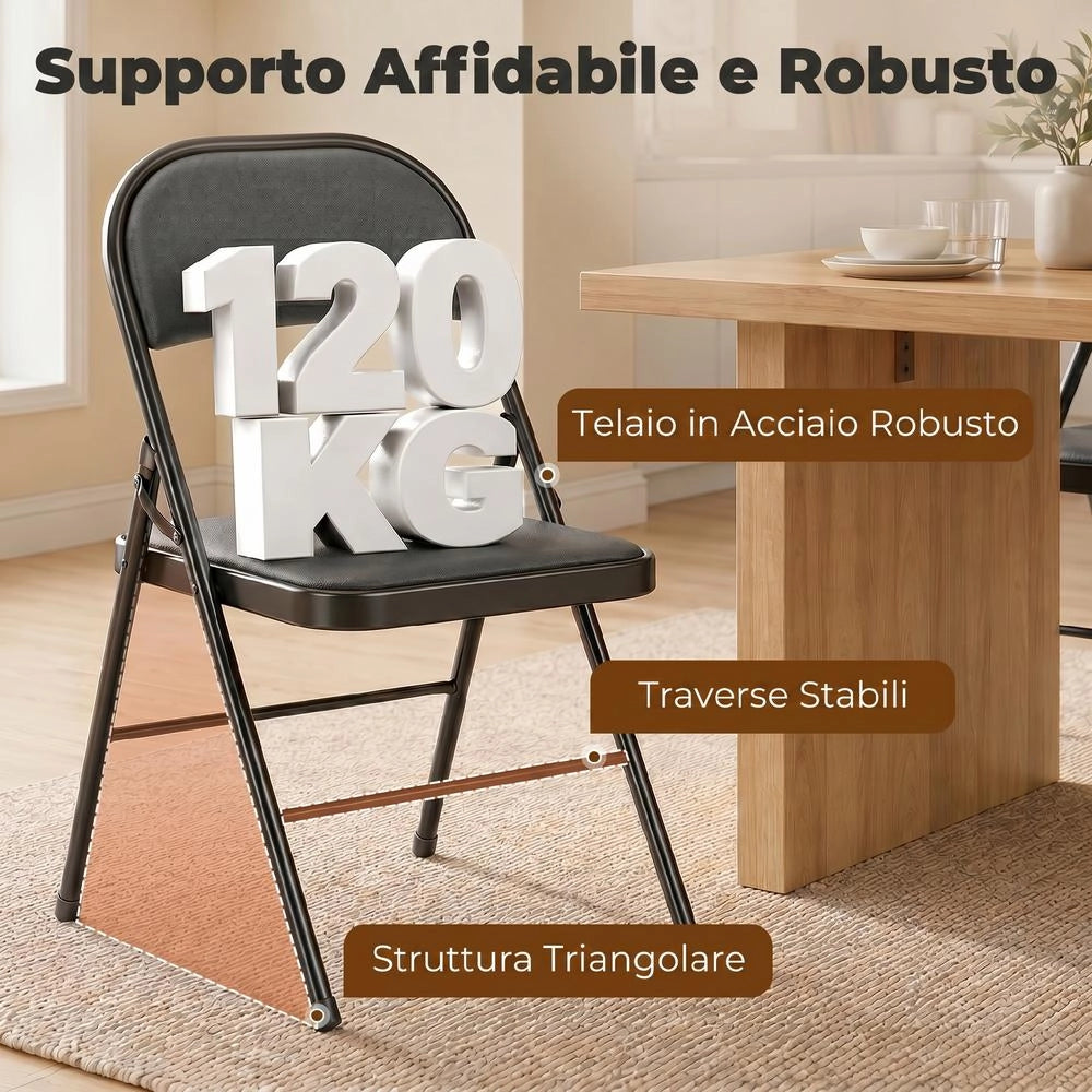 Sedie Pieghevoli Imbottite in Finta Pelle PU e Metallo, Set da 4 Salvaspazio, Sedute Richiudibili per Casa, 45x46x78 cm, Nero
