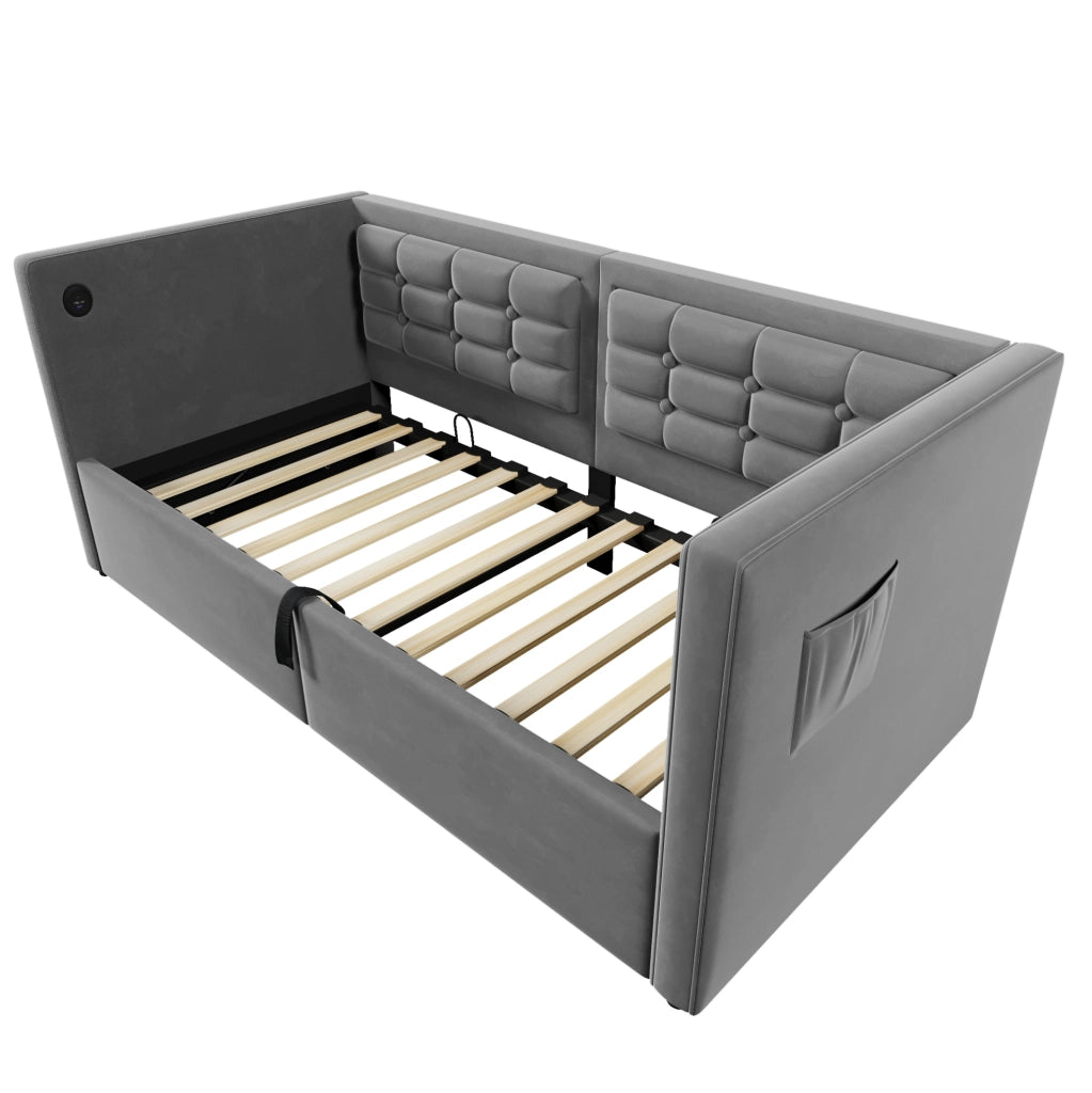 Divano letto 90 × 190 cm con contenitore idraulico; USB e Type-C; velluto grigio