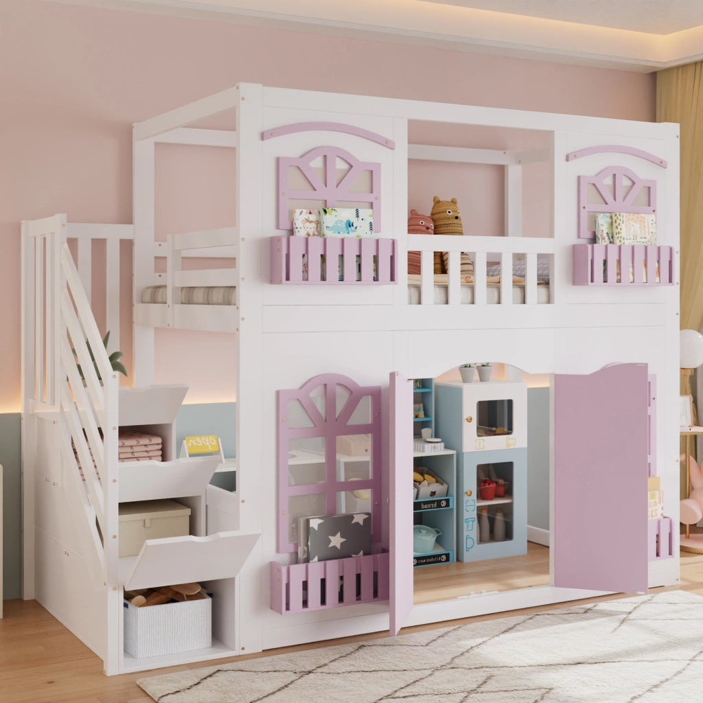 Letto a soppalco per bambini 90 x 200 cm in legno; bianco e rosa; scala contenitore e area giochi
