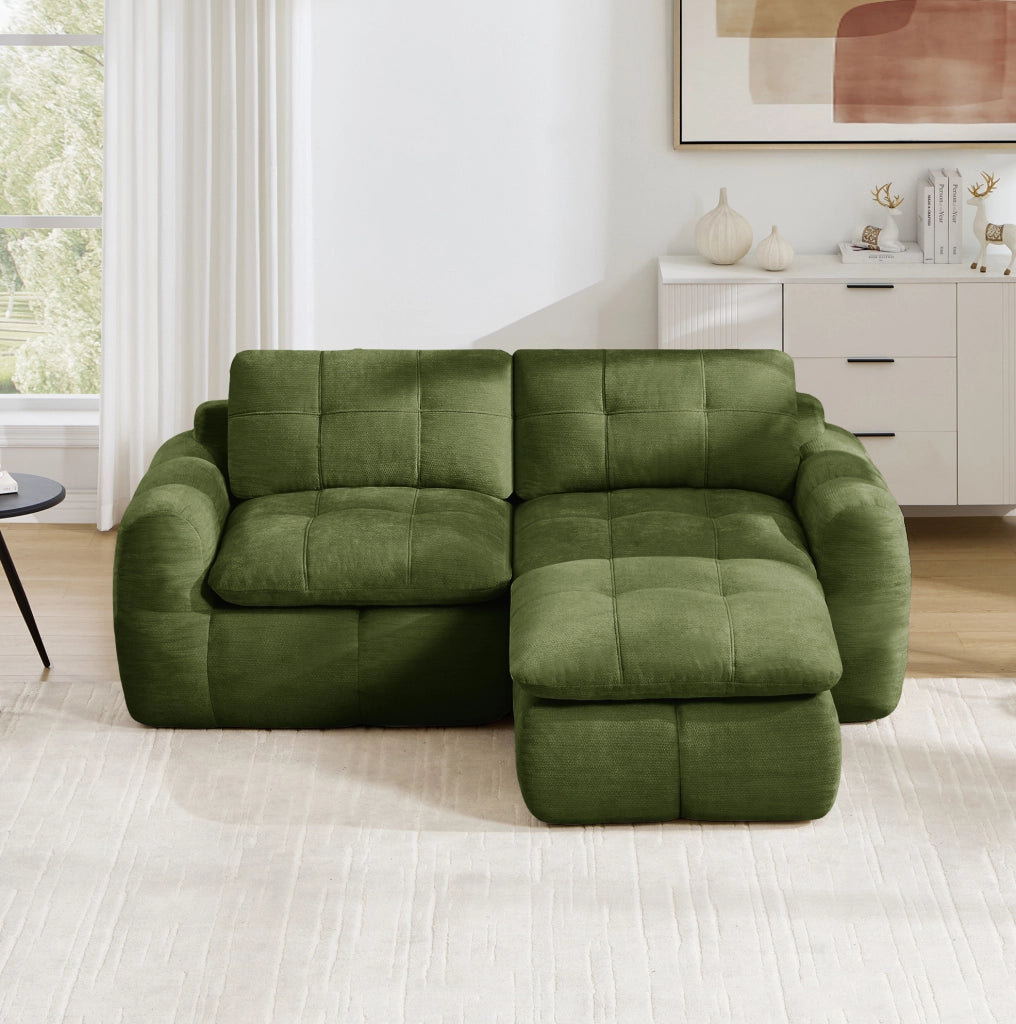 Divano modulare in ciniglia verde con pouf, 194 × 160 × 68 cm