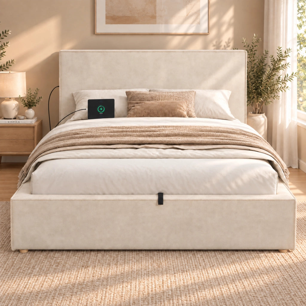 Letto imbottito 120x200 con contenitore idraulico; testiera imbottita; ciniglia beige