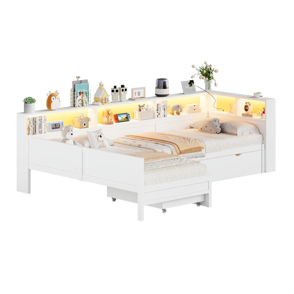 Letto singolo a piattaforma 90 × 200 cm a L con letto estraibile in MDF e compensato bianco con cassetto LED e ricarica