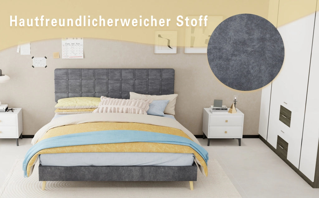 Letto matrimoniale grigio scuro in tessuto con testiera imbottita a quadri, 160x200 cm, con materasso incluso